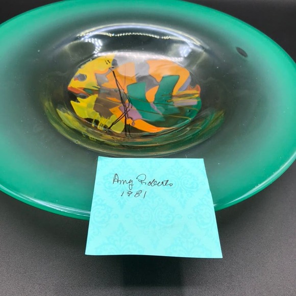 Vintage Amy Roberts Hand Blown Green Opalecent Bowl Pilchuck Glass 1981 Signed - Picture 9 of 12